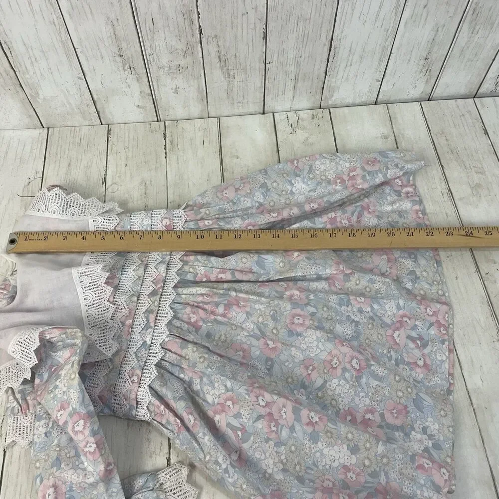 Vtg Polly Flinders Bib Collar w/ Lace Girls Sz 6 Pastel Floral Dress Cottagecore